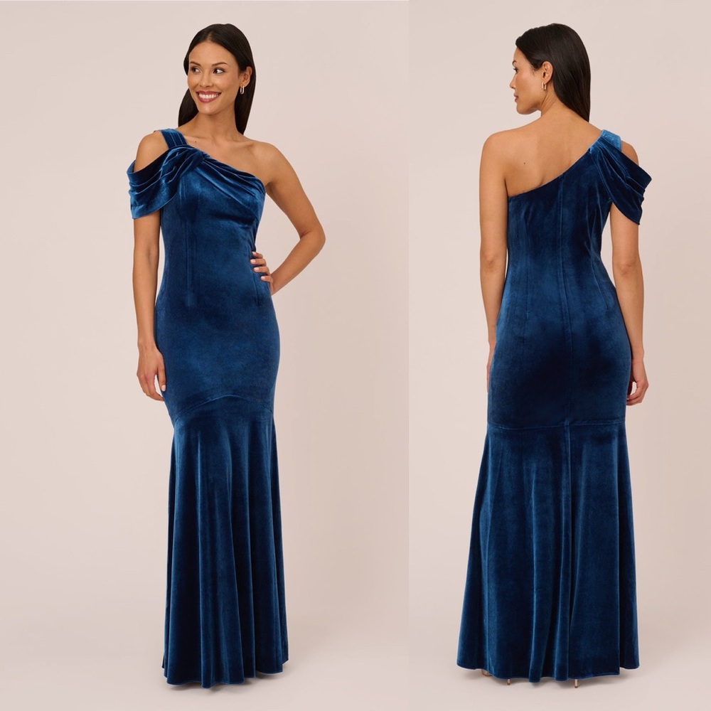 Adrianna Papell Navy Velvet One-Shoulder Maxi Dress